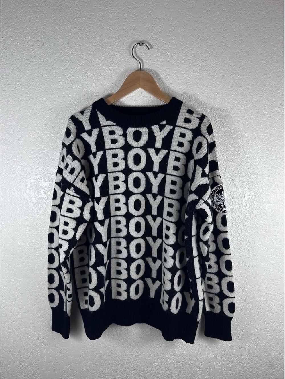 Boy London All Over Logo Knit Sweater Mens Large Black White Graphic Crewneck